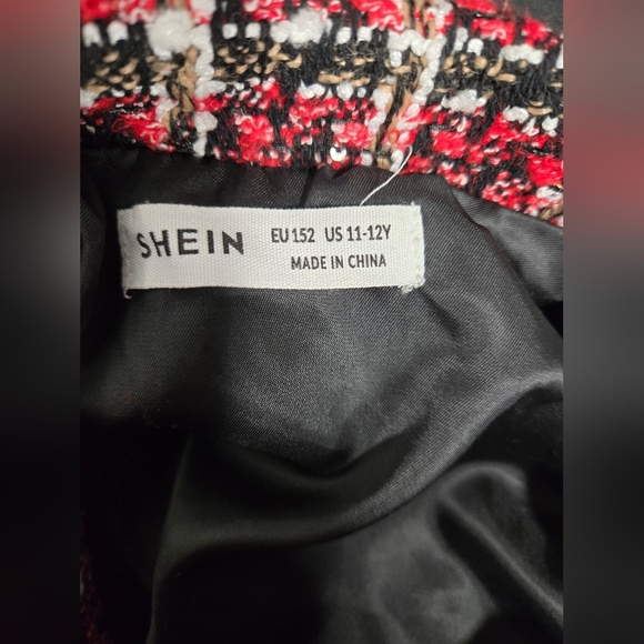 Shein S 4 Skirt Suit Plaid Textured Tweed Red Black White Lined Cropped - Picture 6 of 8